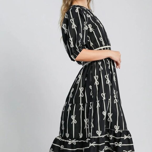 Umgee Bow Tie Print Notched Contrast Velvet Trim Midi Dress - Picture 3 of 4